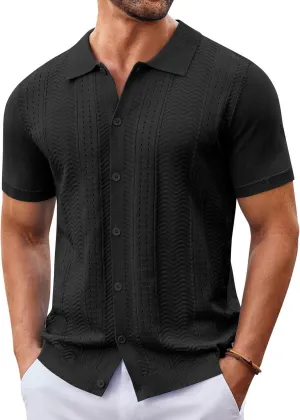 COOFANDY Mens Knit Button Down Shirt Short Sleeve Summer Casual Shirts Vintage Beach Vacation Shirts