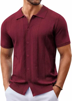 COOFANDY Mens Knit Button Down Shirt Short Sleeve Summer Casual Shirts Vintage Beach Vacation Shirts
