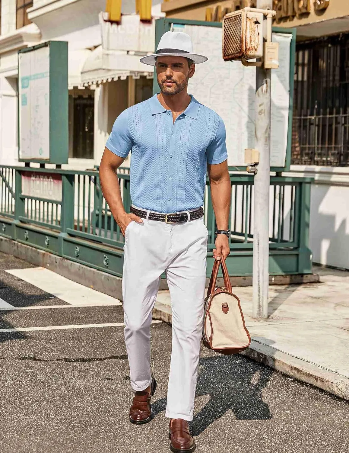 COOFANDY Mens Knit Button Down Shirt Short Sleeve Summer Casual Shirts Vintage Beach Vacation Shirts