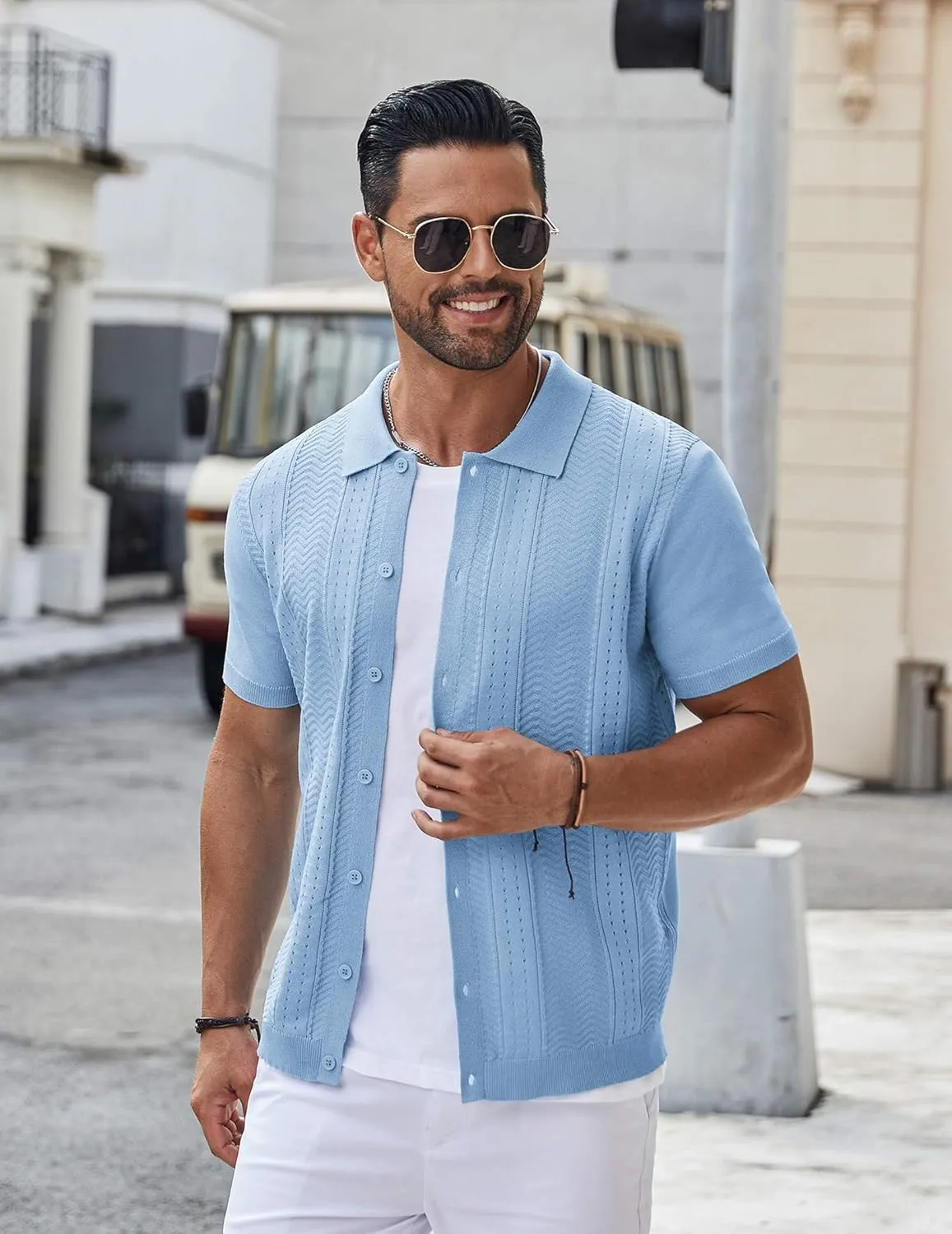 COOFANDY Mens Knit Button Down Shirt Short Sleeve Summer Casual Shirts Vintage Beach Vacation Shirts