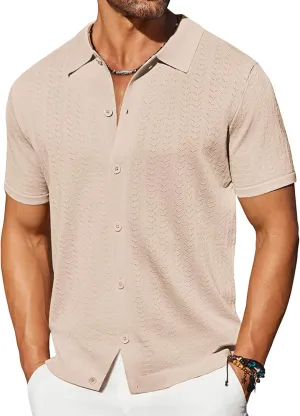 COOFANDY Men's Knit Shirts Short Sleeve Button Down Shirt Casual Summer Beach Shirt