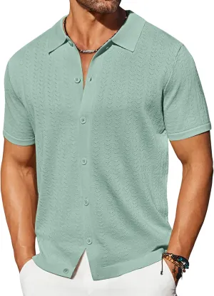 COOFANDY Men's Knit Shirts Short Sleeve Button Down Shirt Casual Summer Beach Shirt