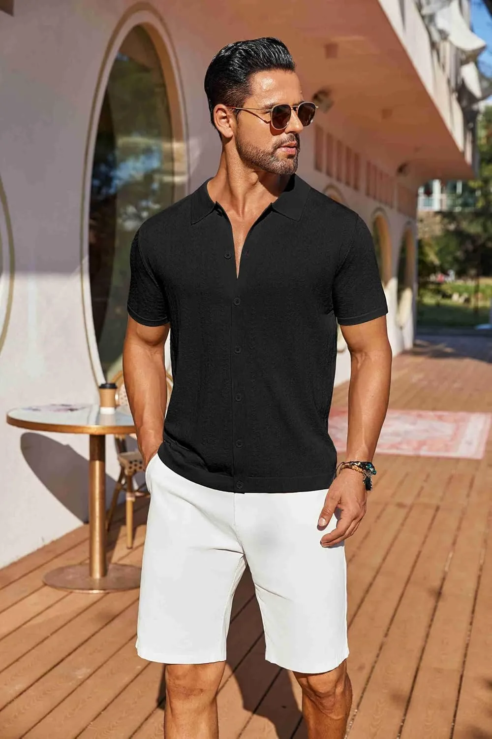 COOFANDY Men's Knit Shirts Short Sleeve Button Down Shirt Casual Summer Beach Shirt