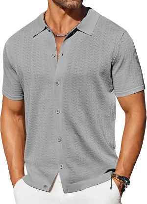 COOFANDY Men's Knit Shirts Short Sleeve Button Down Shirt Casual Summer Beach Shirt