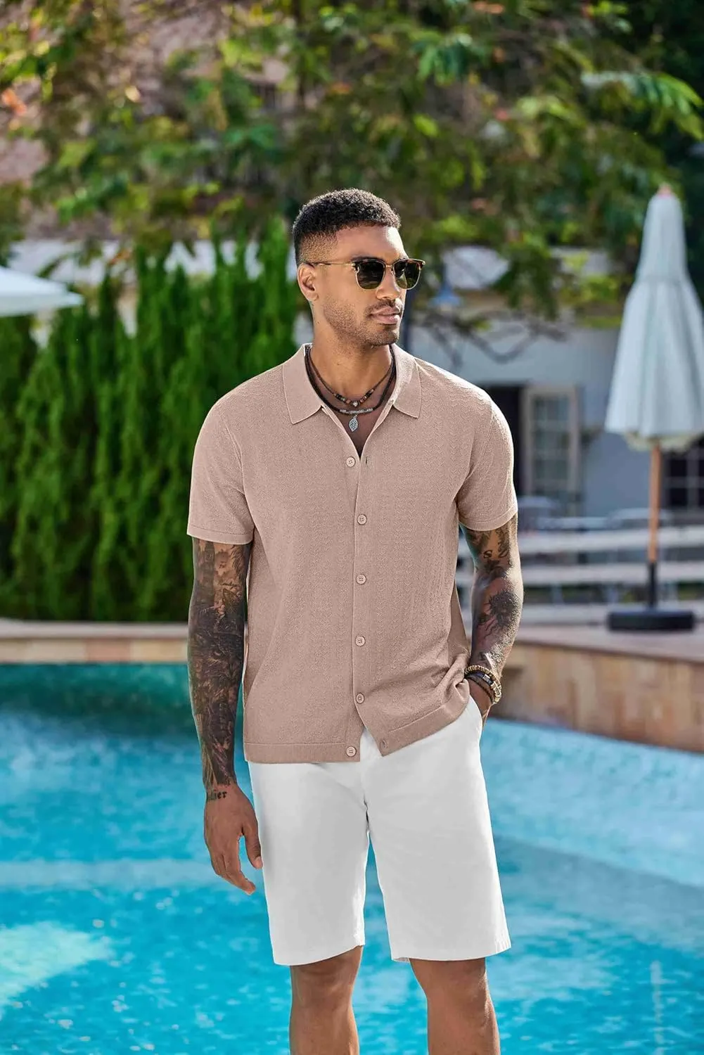 COOFANDY Men's Knit Shirts Short Sleeve Button Down Shirt Casual Summer Beach Shirt