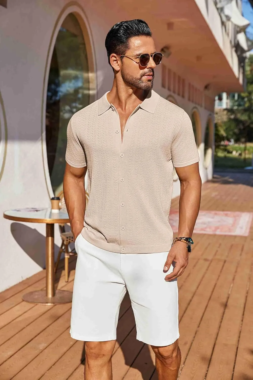 COOFANDY Men's Knit Shirts Short Sleeve Button Down Shirt Casual Summer Beach Shirt