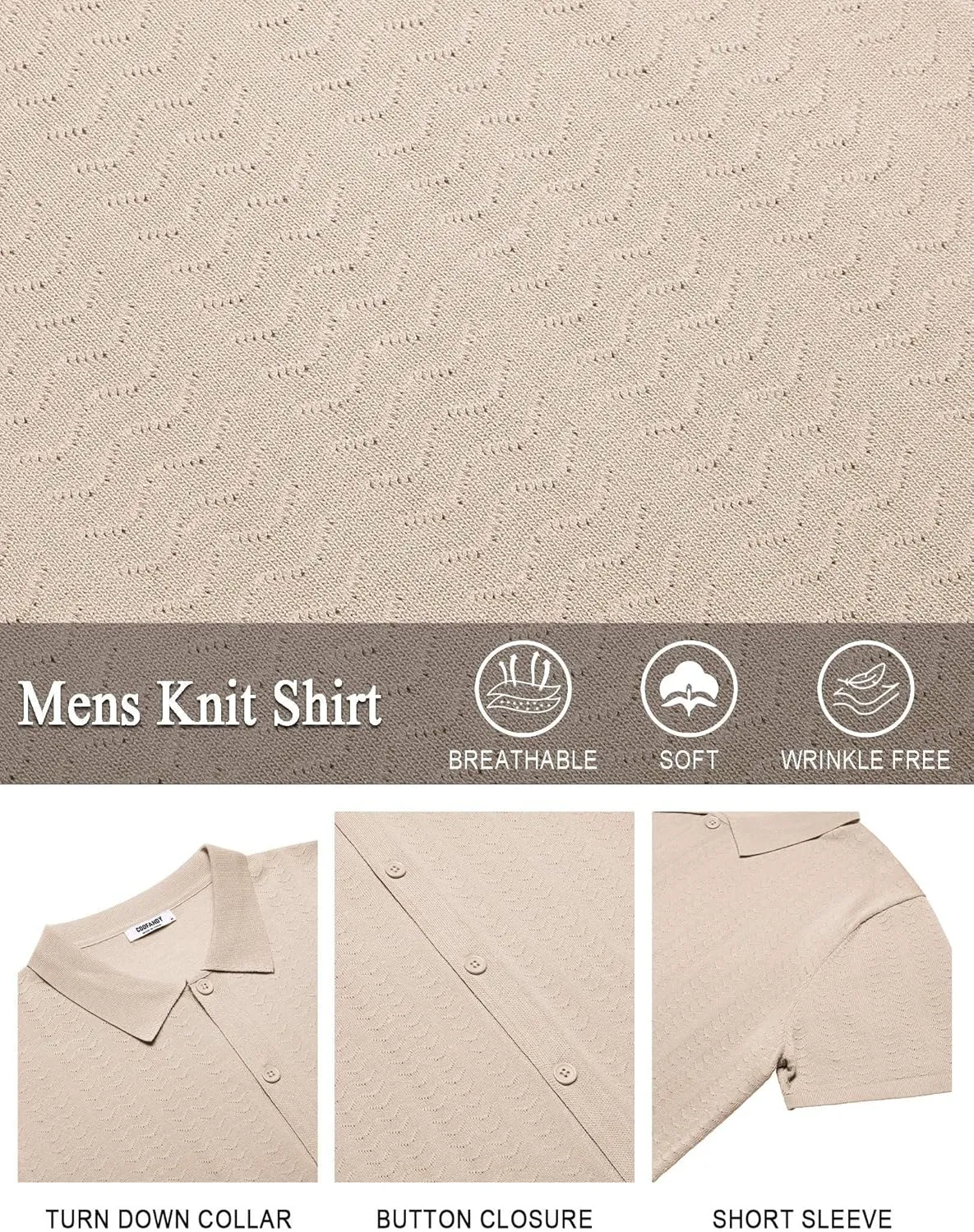 COOFANDY Men's Knit Shirts Short Sleeve Button Down Shirt Casual Summer Beach Shirt