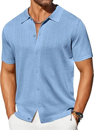 COOFANDY Men's Knit Shirts Short Sleeve Button Down Shirt Casual Summer Beach Shirt