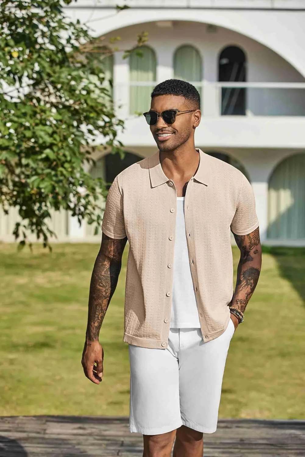 COOFANDY Men's Knit Shirts Short Sleeve Button Down Shirt Casual Summer Beach Shirt