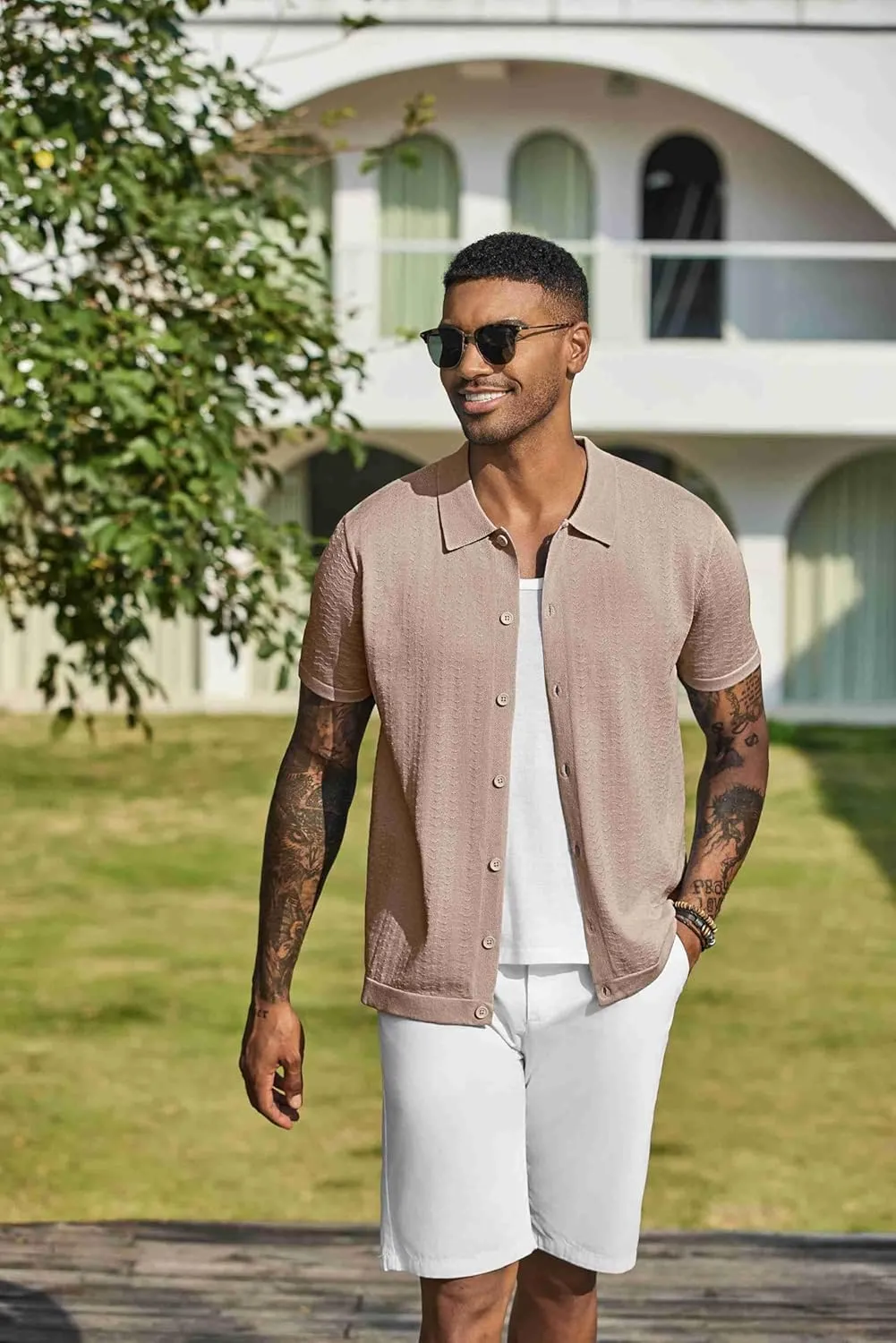 COOFANDY Men's Knit Shirts Short Sleeve Button Down Shirt Casual Summer Beach Shirt