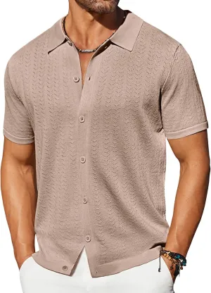 COOFANDY Men's Knit Shirts Short Sleeve Button Down Shirt Casual Summer Beach Shirt