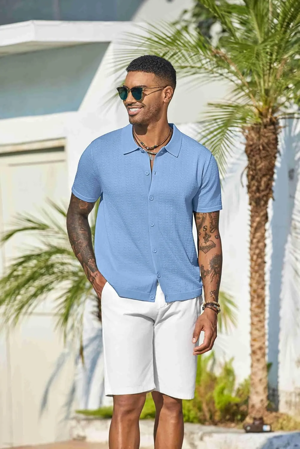 COOFANDY Men's Knit Shirts Short Sleeve Button Down Shirt Casual Summer Beach Shirt