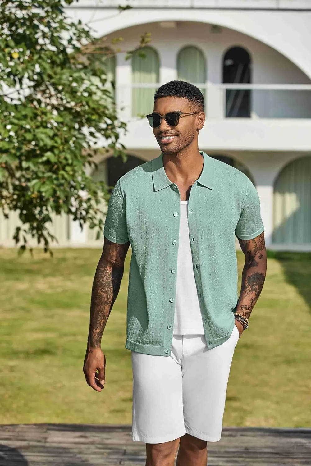 COOFANDY Men's Knit Shirts Short Sleeve Button Down Shirt Casual Summer Beach Shirt