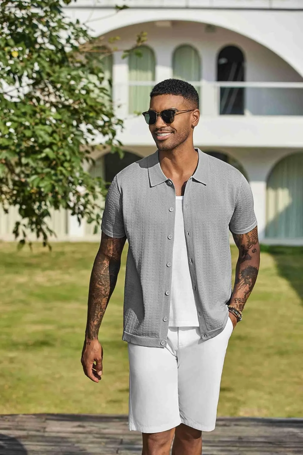 COOFANDY Men's Knit Shirts Short Sleeve Button Down Shirt Casual Summer Beach Shirt