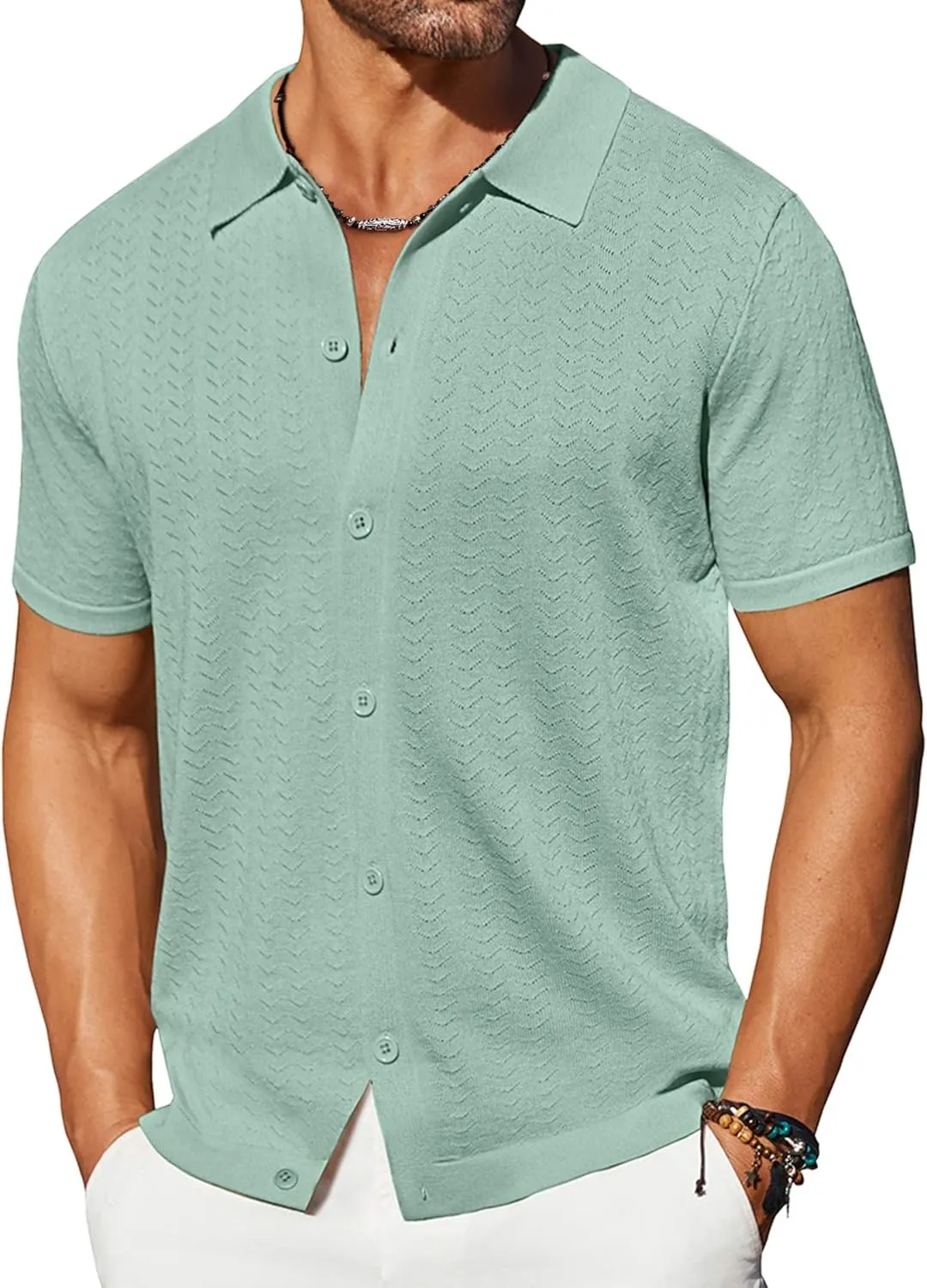 COOFANDY Men's Knit Shirts Short Sleeve Button Down Shirt Casual Summer Beach Shirt