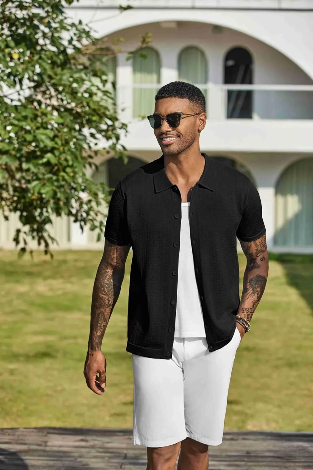 COOFANDY Men's Knit Shirts Short Sleeve Button Down Shirt Casual Summer Beach Shirt