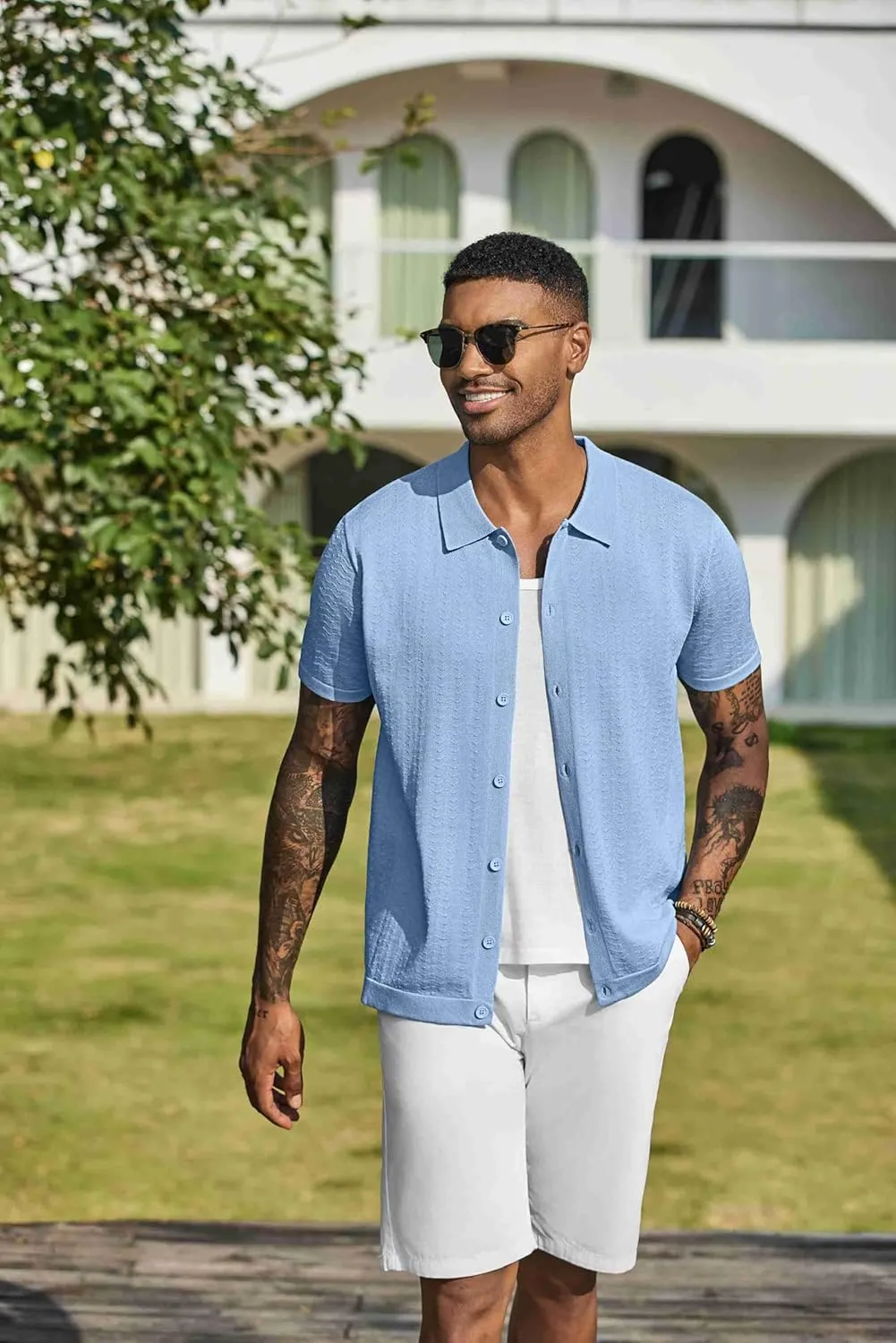 COOFANDY Men's Knit Shirts Short Sleeve Button Down Shirt Casual Summer Beach Shirt