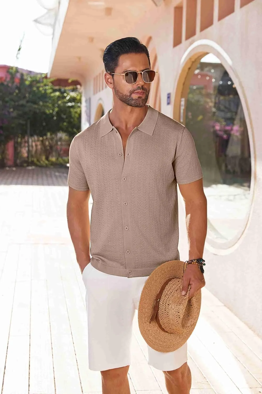 COOFANDY Men's Knit Shirts Short Sleeve Button Down Shirt Casual Summer Beach Shirt