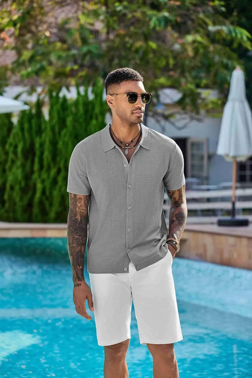 COOFANDY Men's Knit Shirts Short Sleeve Button Down Shirt Casual Summer Beach Shirt