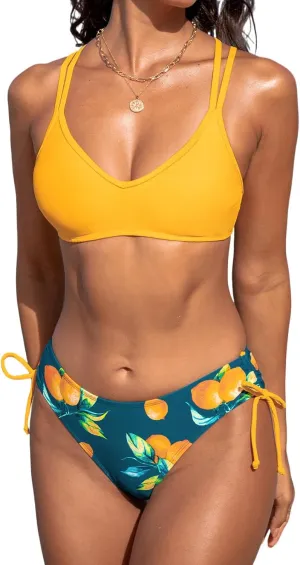 CUPSHE Women Swimsuit Bikini Set Two Piece Bathing Suit Criss Cross Back Strappy Side with Double Spaghetti Straps