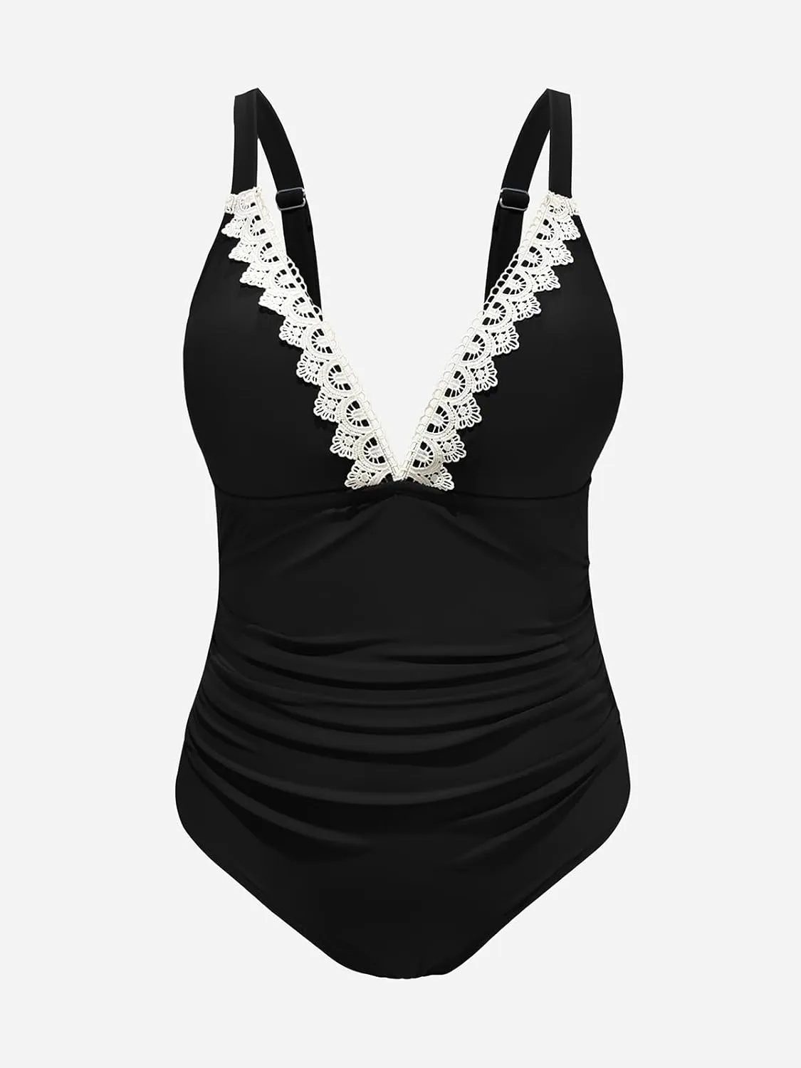 CUPSHE Women Swimsuit Plus Size One Piece Lace V Neck Ruched Front Tummy Control with Adjustable Wide Straps