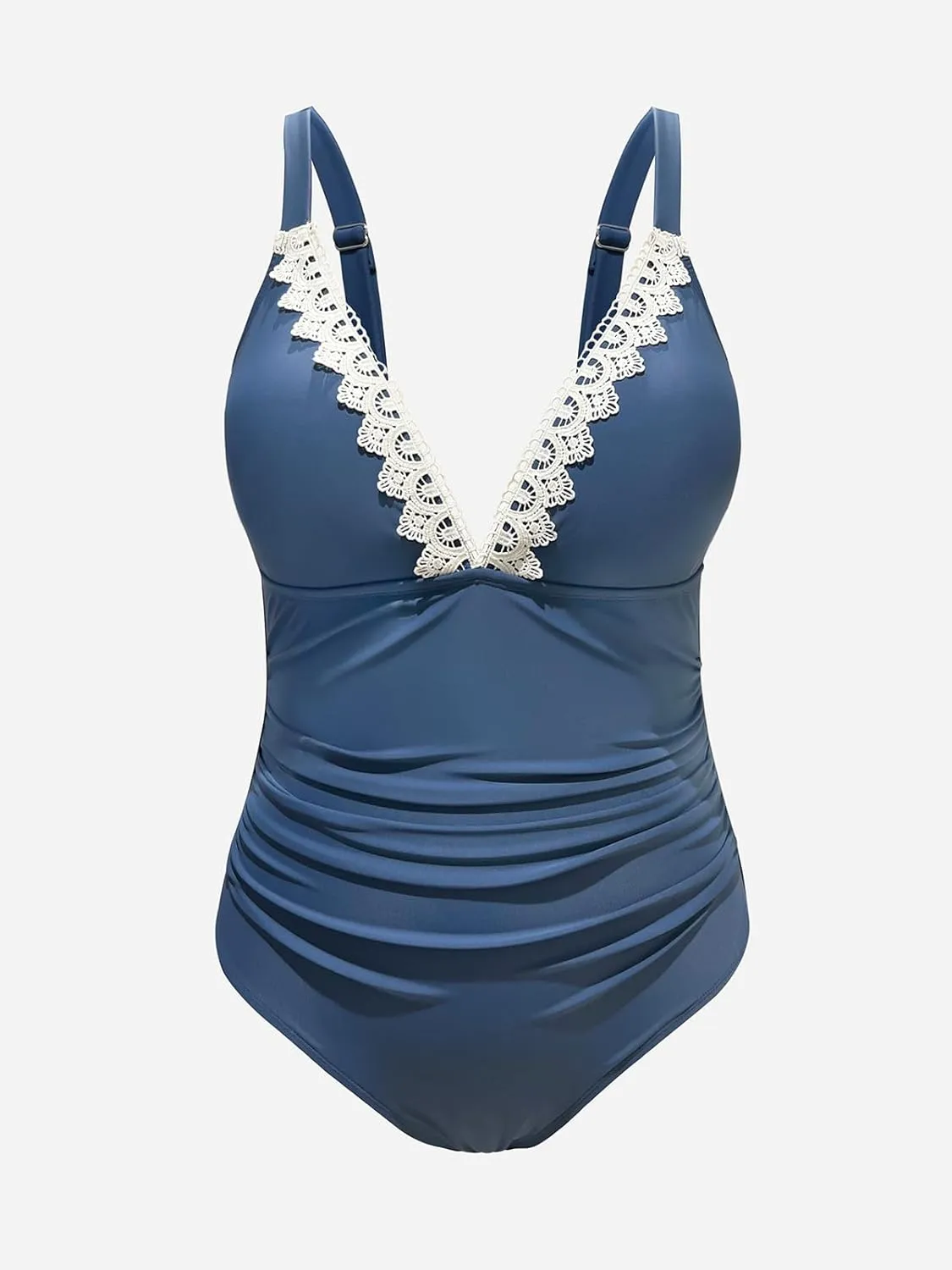 CUPSHE Women Swimsuit Plus Size One Piece Lace V Neck Ruched Front Tummy Control with Adjustable Wide Straps