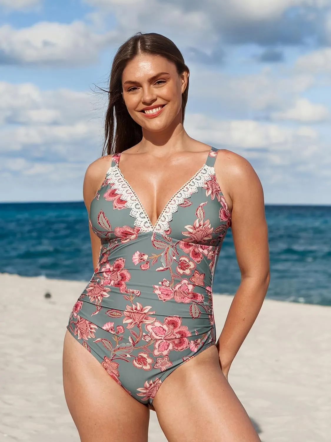 CUPSHE Women Swimsuit Plus Size One Piece Lace V Neck Ruched Front Tummy Control with Adjustable Wide Straps
