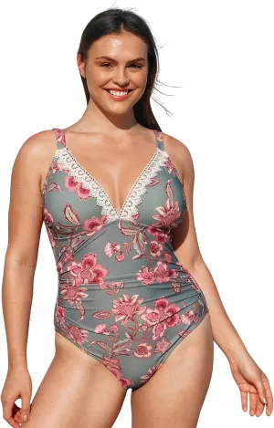CUPSHE Women Swimsuit Plus Size One Piece Lace V Neck Ruched Front Tummy Control with Adjustable Wide Straps