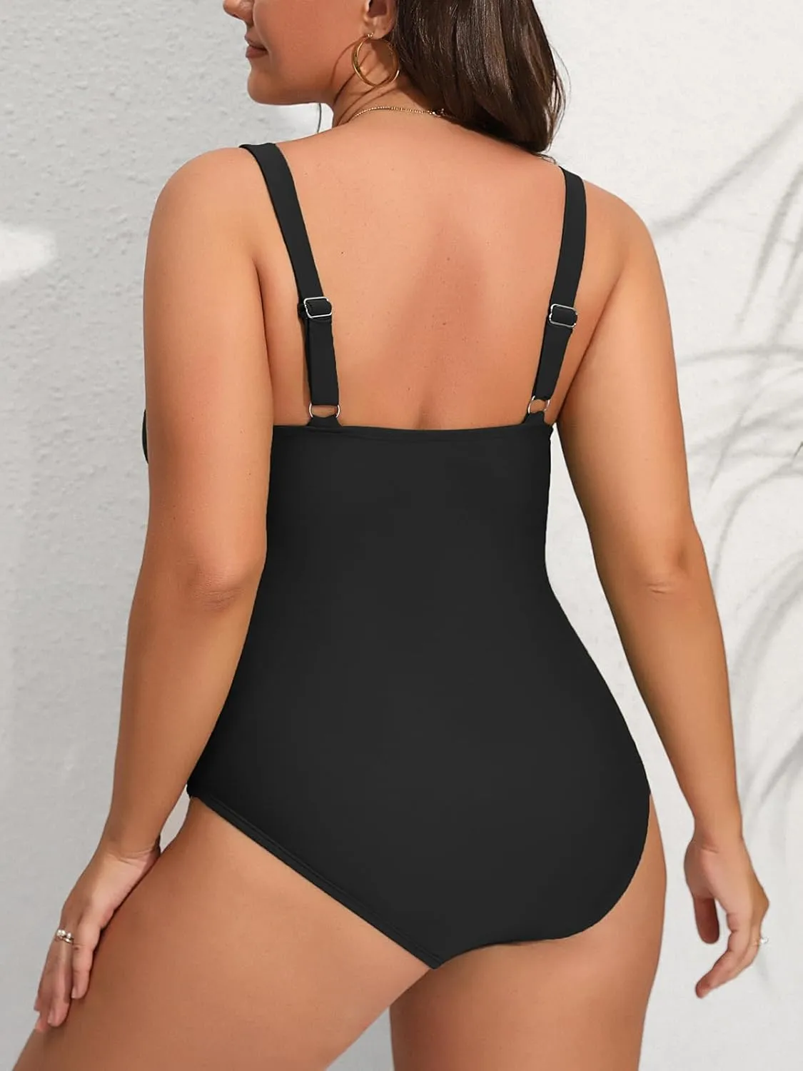 CUPSHE Women Swimsuit Plus Size One Piece Lace V Neck Ruched Front Tummy Control with Adjustable Wide Straps