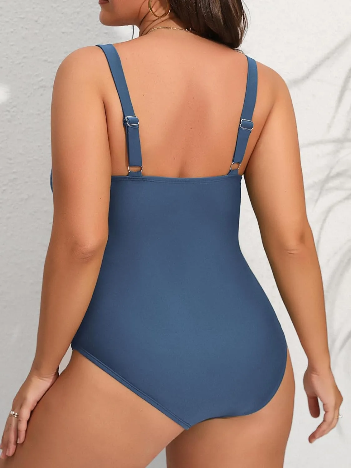 CUPSHE Women Swimsuit Plus Size One Piece Lace V Neck Ruched Front Tummy Control with Adjustable Wide Straps