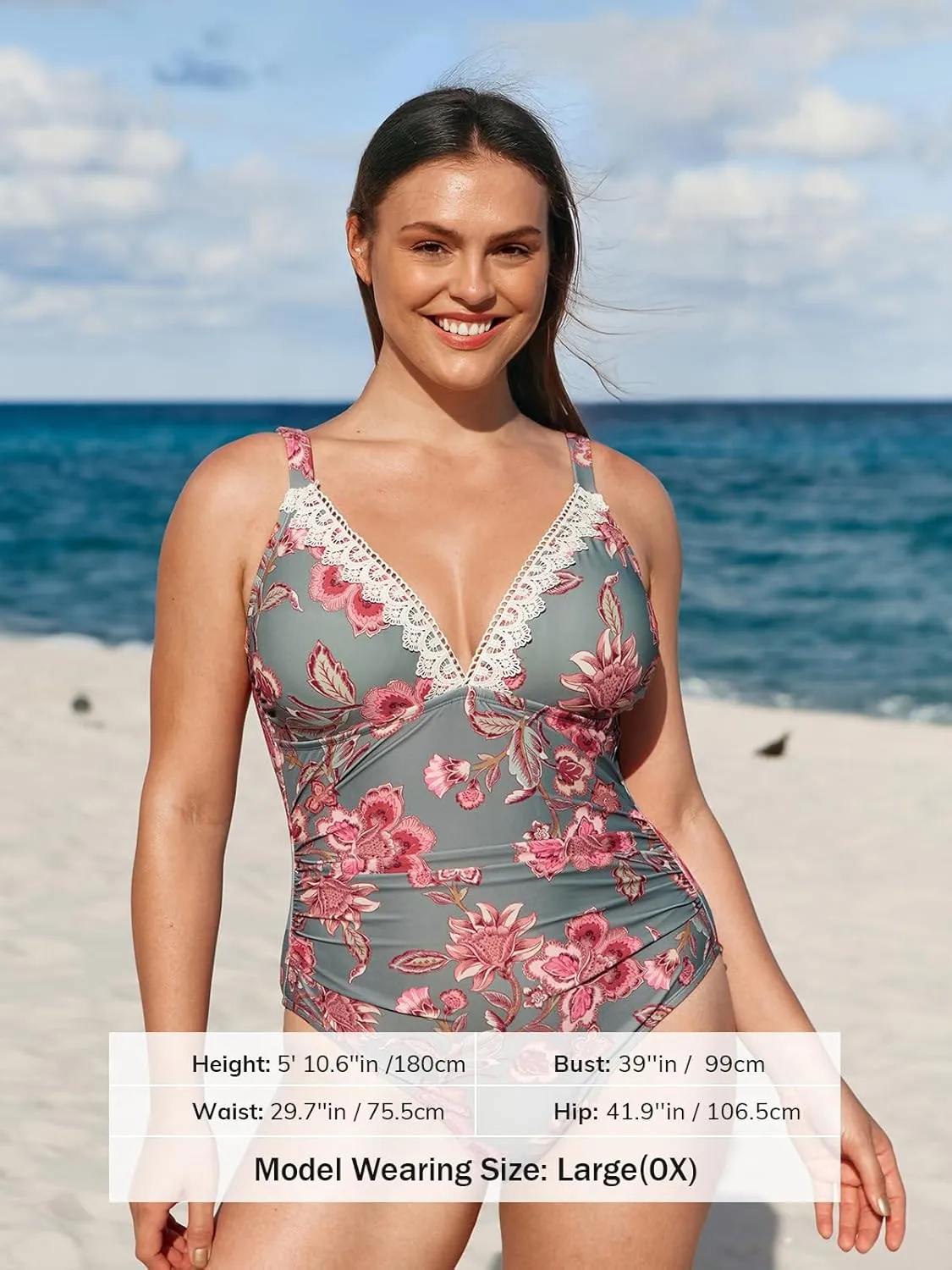 CUPSHE Women Swimsuit Plus Size One Piece Lace V Neck Ruched Front Tummy Control with Adjustable Wide Straps