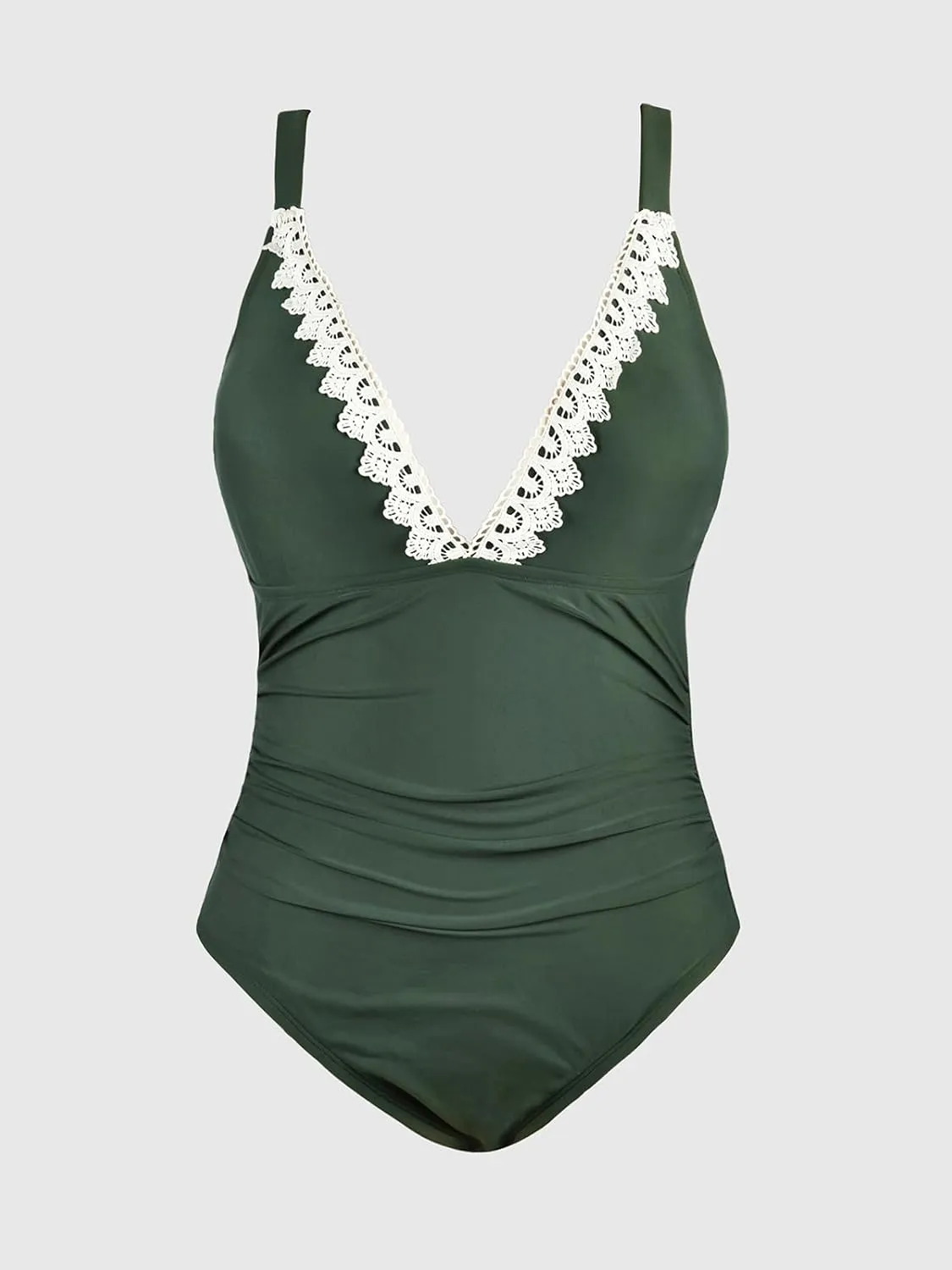 CUPSHE Women Swimsuit Plus Size One Piece Lace V Neck Ruched Front Tummy Control with Adjustable Wide Straps