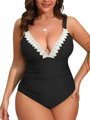 CUPSHE Women Swimsuit Plus Size One Piece Lace V Neck Ruched Front Tummy Control with Adjustable Wide Straps