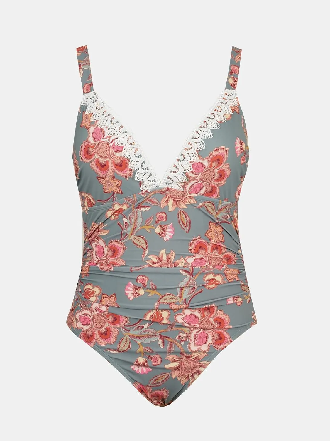 CUPSHE Women Swimsuit Plus Size One Piece Lace V Neck Ruched Front Tummy Control with Adjustable Wide Straps