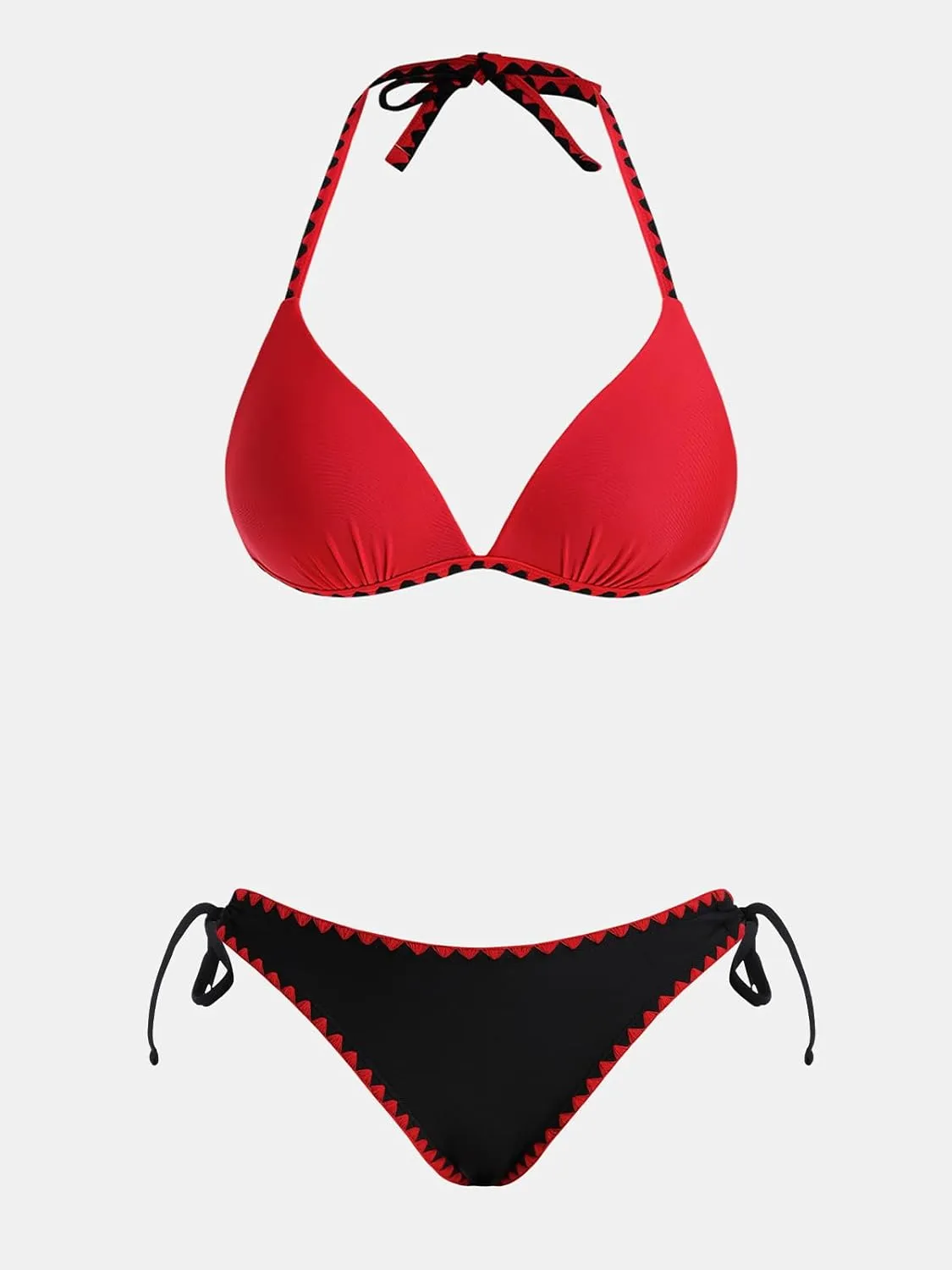 CUPSHE Women's Bikini Sets Halter Plunging Neck Tie Back Color Block Bathing Suit Adjustable Straps Side Drawstring