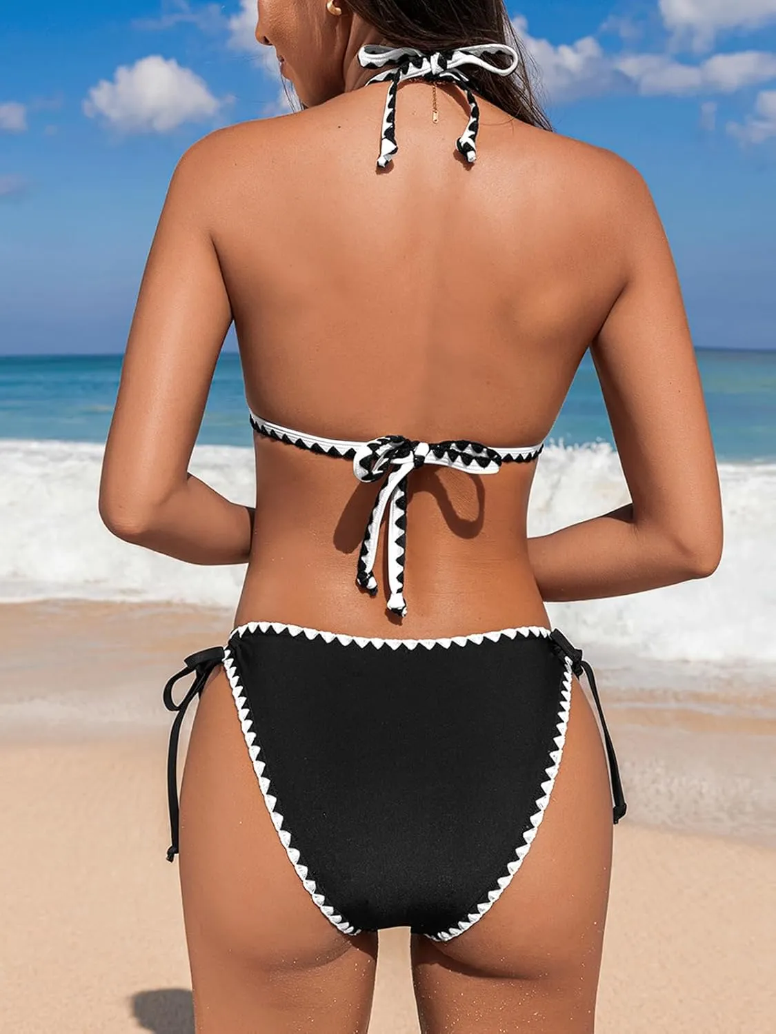 CUPSHE Women's Bikini Sets Halter Plunging Neck Tie Back Color Block Bathing Suit Adjustable Straps Side Drawstring