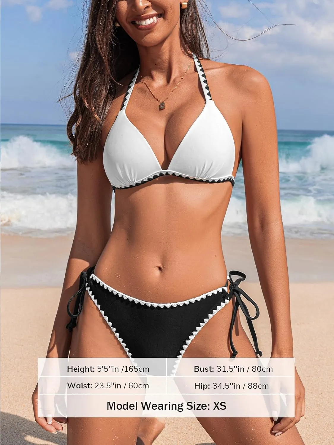 CUPSHE Women's Bikini Sets Halter Plunging Neck Tie Back Color Block Bathing Suit Adjustable Straps Side Drawstring