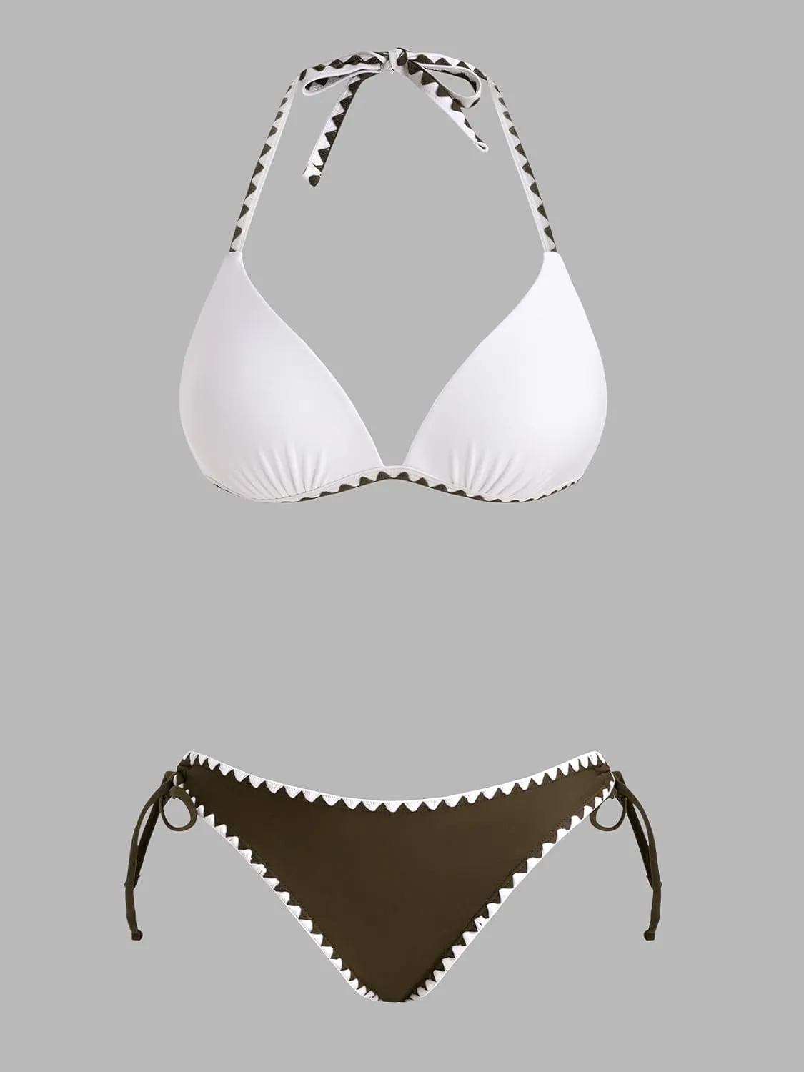CUPSHE Women's Bikini Sets Halter Plunging Neck Tie Back Color Block Bathing Suit Adjustable Straps Side Drawstring