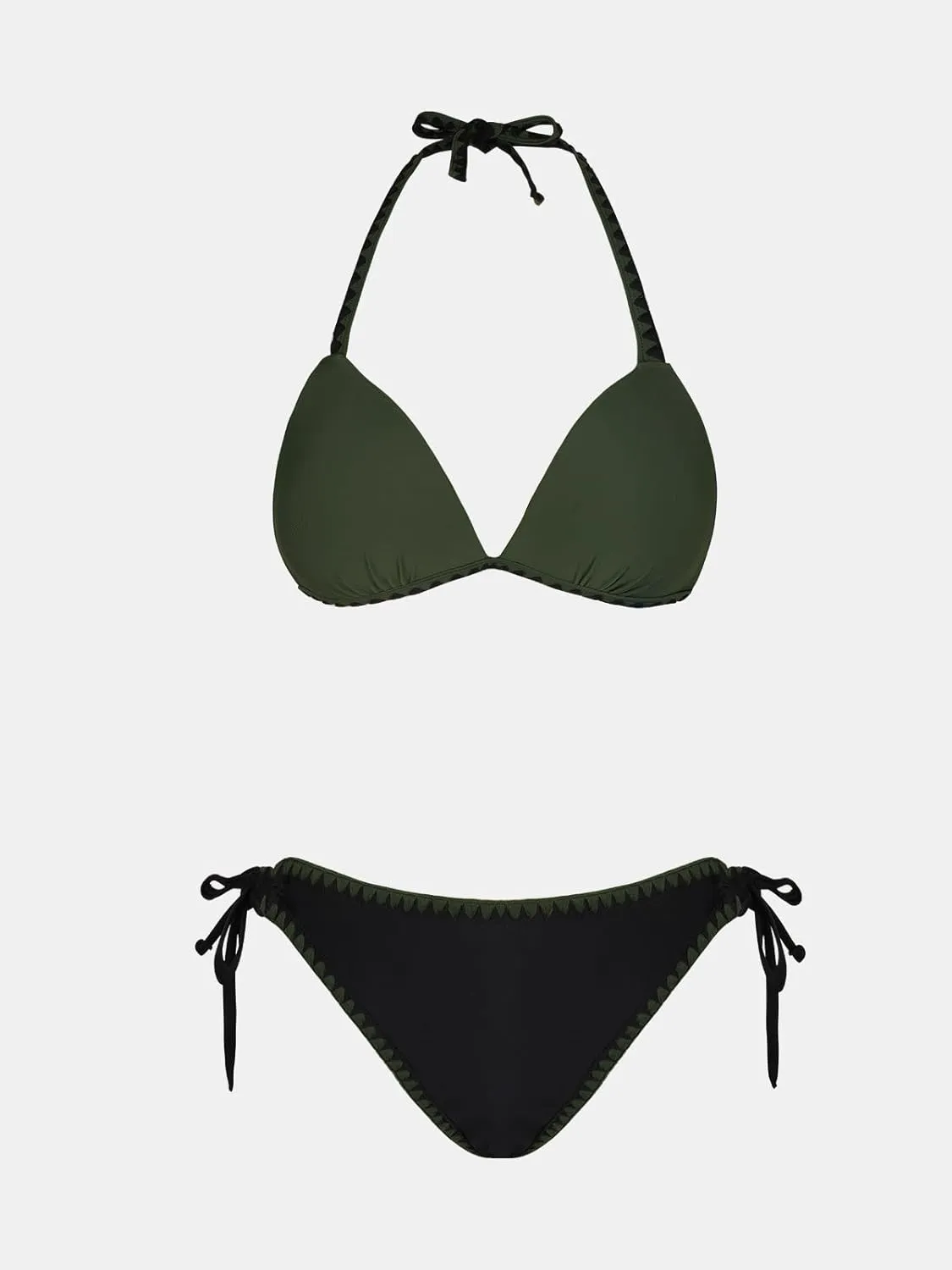 CUPSHE Women's Bikini Sets Halter Plunging Neck Tie Back Color Block Bathing Suit Adjustable Straps Side Drawstring