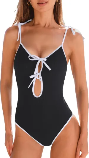 CUPSHE Women's One Piece Swimsuit Scoop Neck Front Keyholes with Tie Accents Adjustable Tied Strap Bathing Suit