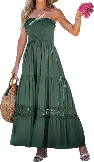 CUPSHE Women's Smocked Ruffled Maxi Tube Dress Sleeveless Dresses Casual Beach Summer