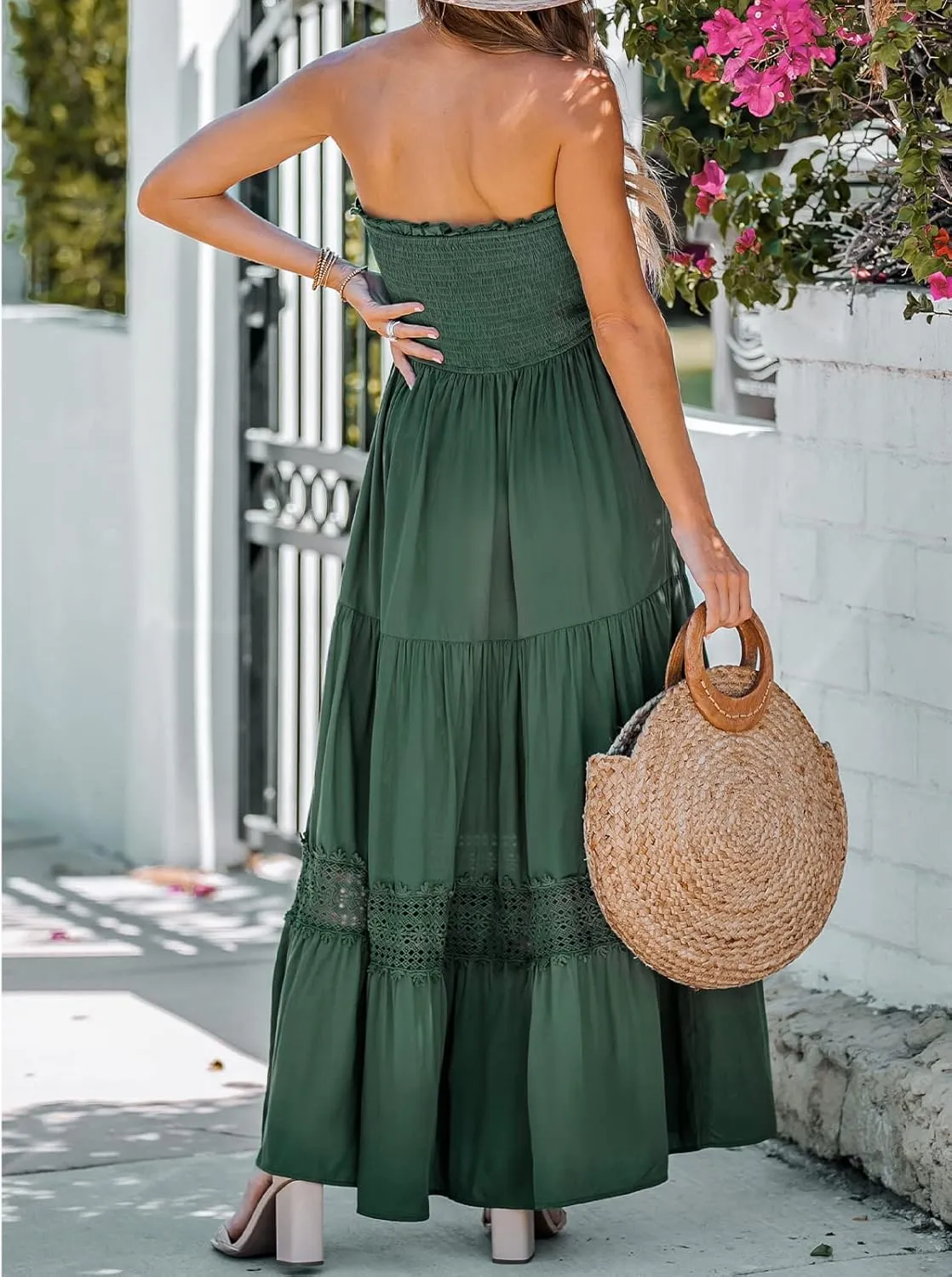 CUPSHE Women's Smocked Ruffled Maxi Tube Dress Sleeveless Dresses Casual Beach Summer