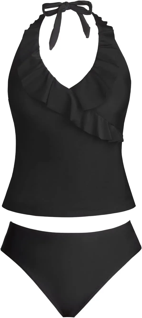 CUPSHE Women's Tankini Set Two Piece Swimsuit Ruffled Halter Low Back