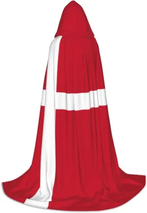 Danish flag Black hooded cloak for men & Women, wizard cloak with, Durable & Comfortable Long cape for Halloween, Cosplay, PartiesSmall