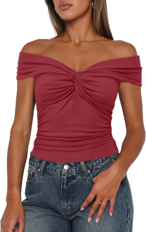Darong Women Summer Twist Knot Front Off The Shoulder Tank Tops Cap Sleeve Going Out Shirts Slim Fitted Y2K Outfits