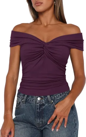 Darong Women Summer Twist Knot Front Off The Shoulder Tank Tops Cap Sleeve Going Out Shirts Slim Fitted Y2K Outfits