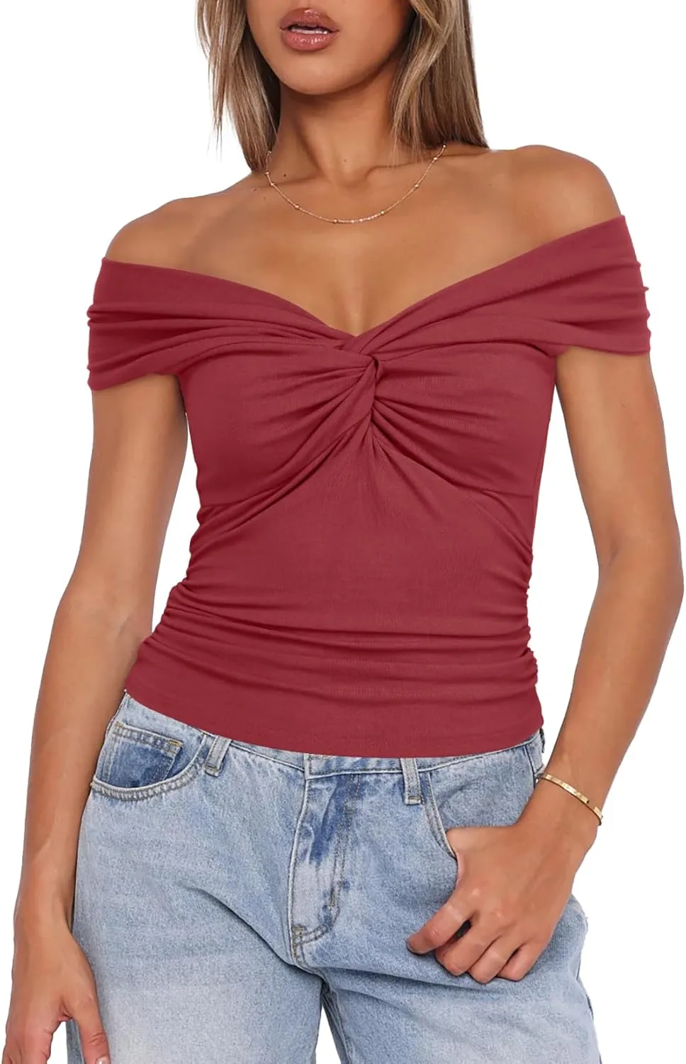 Darong Women Summer Twist Knot Front Off The Shoulder Tank Tops Cap Sleeve Going Out Shirts Slim Fitted Y2K Outfits
