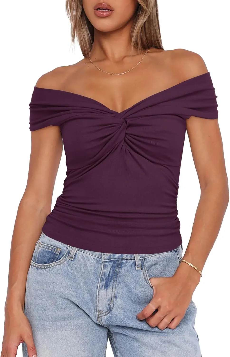 Darong Women Summer Twist Knot Front Off The Shoulder Tank Tops Cap Sleeve Going Out Shirts Slim Fitted Y2K Outfits