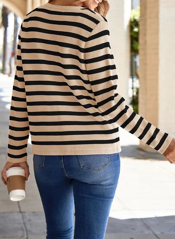Dokotoo Women's 2025 Fashion Casual Crew Neck Open Front Long Sleeve Chunky Knit Striped Cardigans Sweaters Outerwear Coats