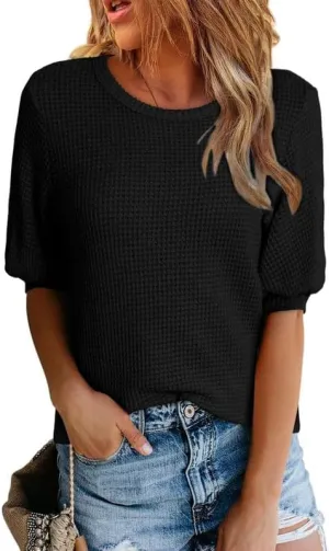 Dokotoo Womens Summer Tops 2025 Casual Crewneck Short Lantern Sleeve Blouse Waffle Knit Pullover Shirts